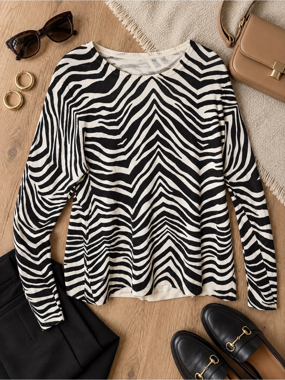 Madison Silk Blend Zebra Print Sweater Black Ivory Animal Print Large